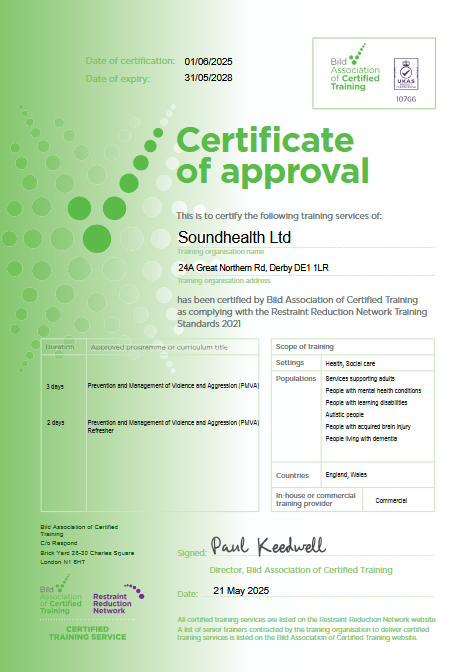Soundhealth BILD Association of Certified Training certificate of approval
